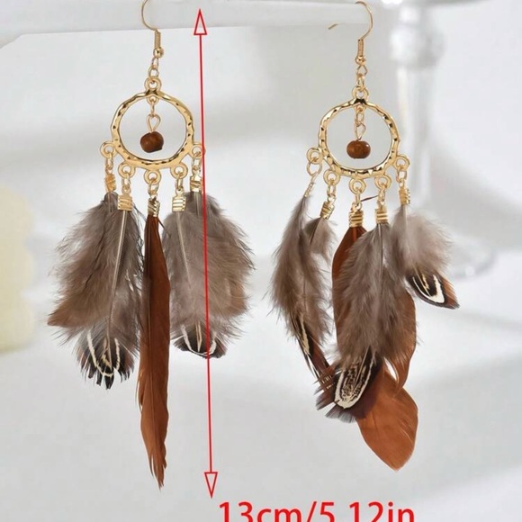 Elegant Feather Drop Earrings in Gold and Brown - Picture 3 of 4
